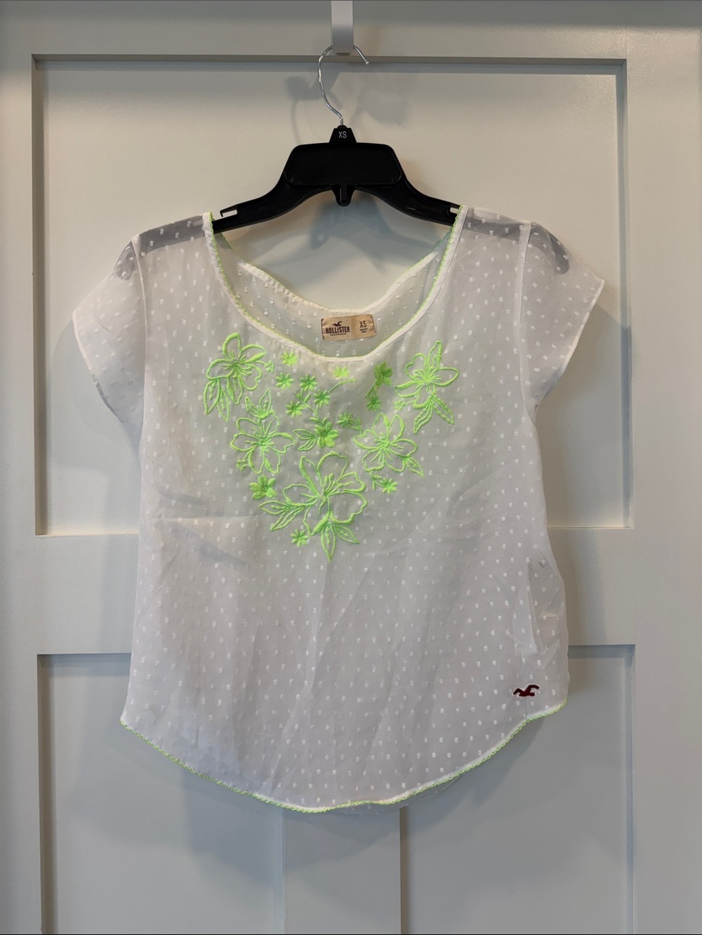 Hollister White Swiss-Dot Top with Neon Green Floral Embroidery